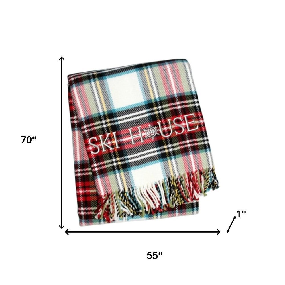 55" X 70" Black Red And White Plaid Cotton Blend Ski House Embroidered Throw Blanket with Fringe
