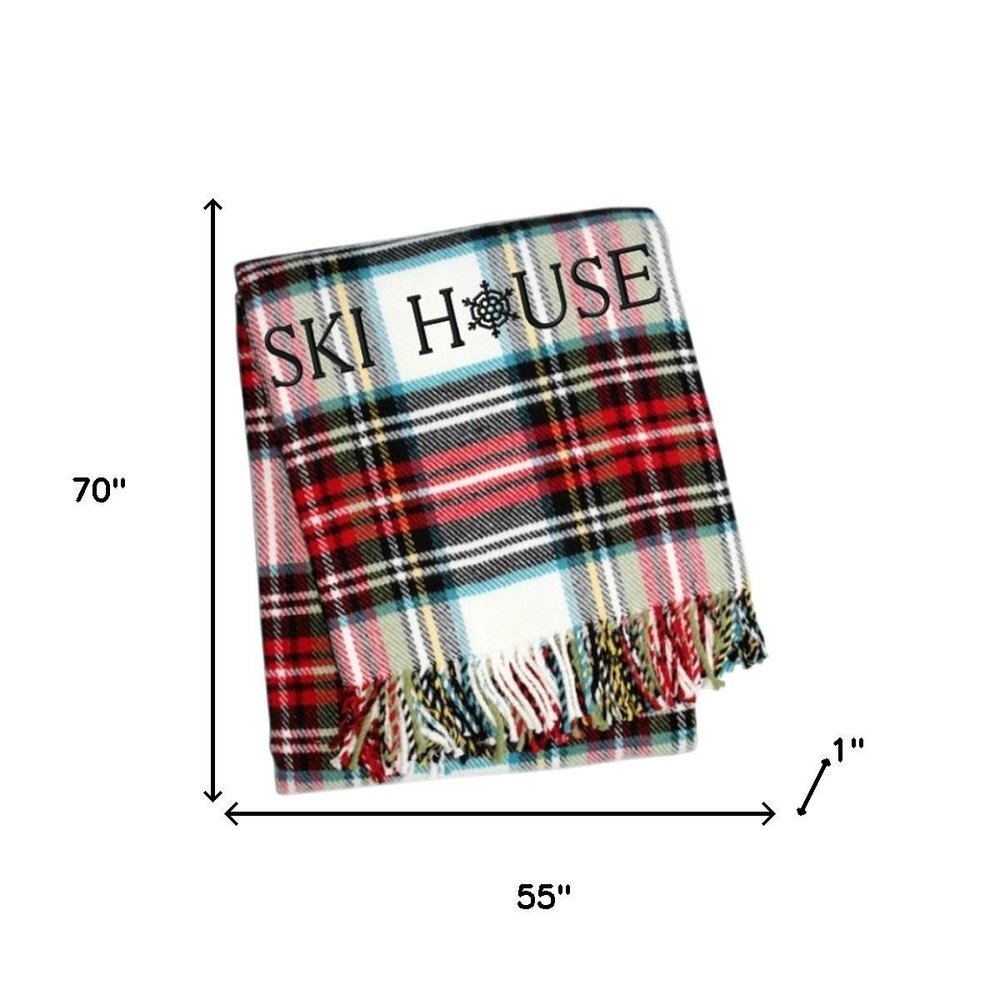 55" X 70" Black Red And White Plaid Cotton Blend Ski House Embroidered Throw Blanket with Fringe