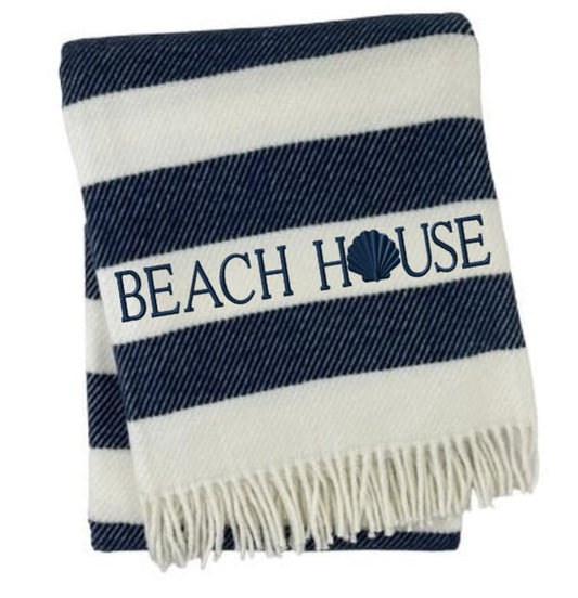 55" X 70" Navy Blue And White Stripe Cotton Beach House Embroidered Throw Blanket with Fringe