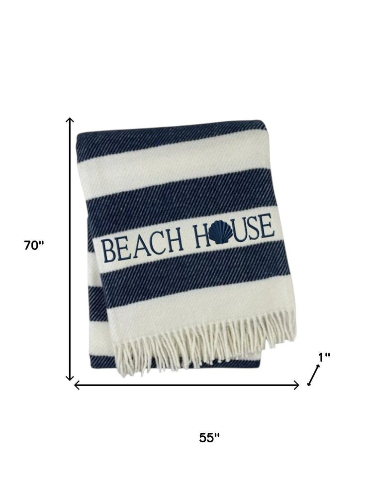 55" X 70" Navy Blue And White Stripe Cotton Beach House Embroidered Throw Blanket with Fringe