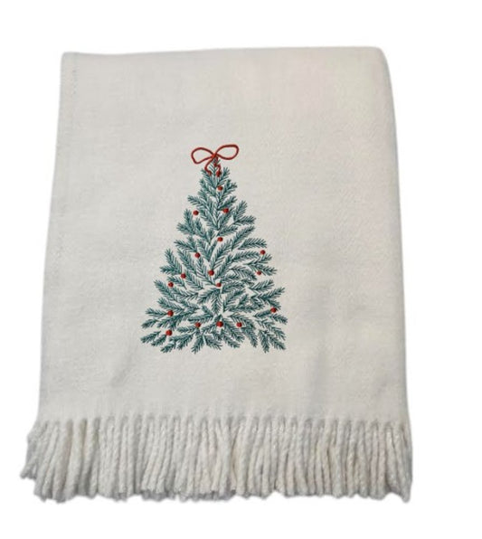 55" X 70" Cream Cotton Blend Woven Christmas Tree Embroidered Throw Blanket with Fringe