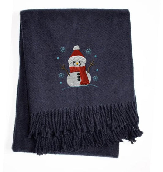 55" X 70" Navy BlueCotton Blend Woven Snowman Embroidered Throw Blanket with Fringe