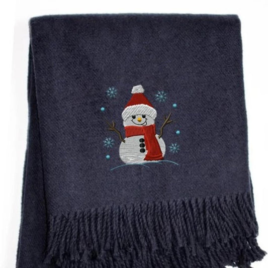 55" X 70" Navy BlueCotton Blend Woven Snowman Embroidered Throw Blanket with Fringe