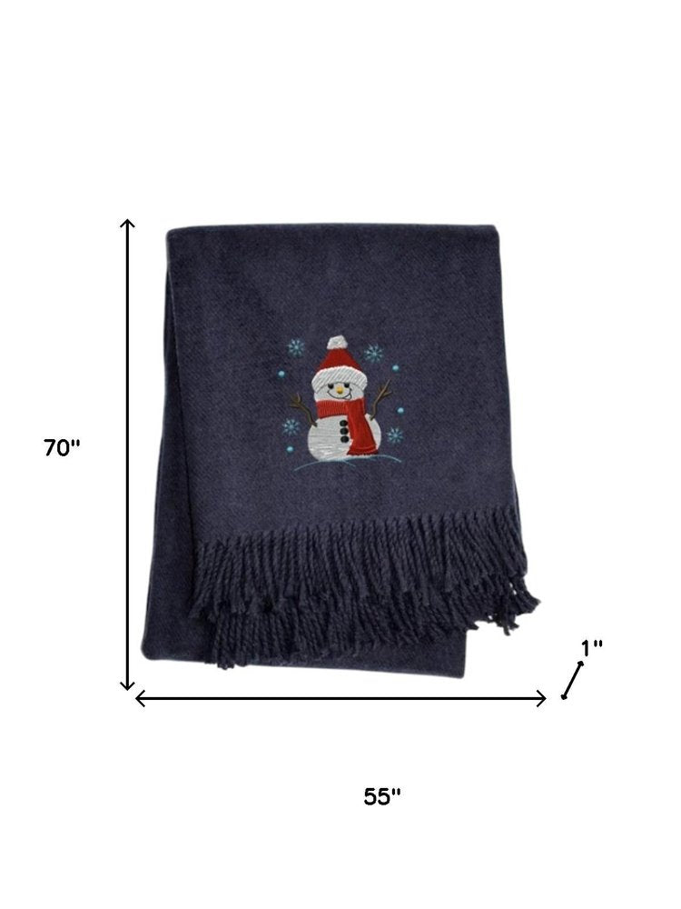 55" X 70" Navy BlueCotton Blend Woven Snowman Embroidered Throw Blanket with Fringe