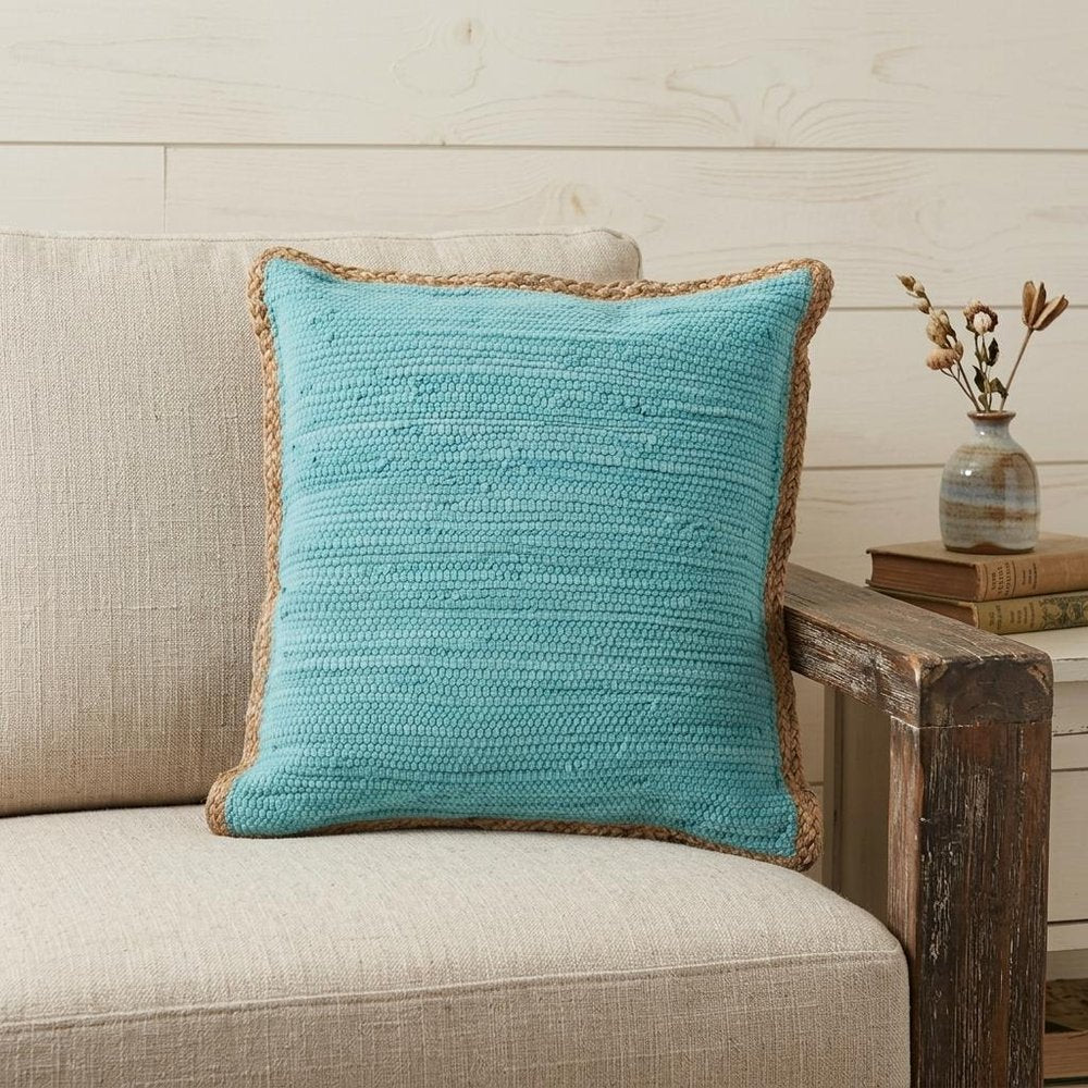 20" Turquoise And Tan Beach Cotton Blend Throw Pillow Cover with Texture