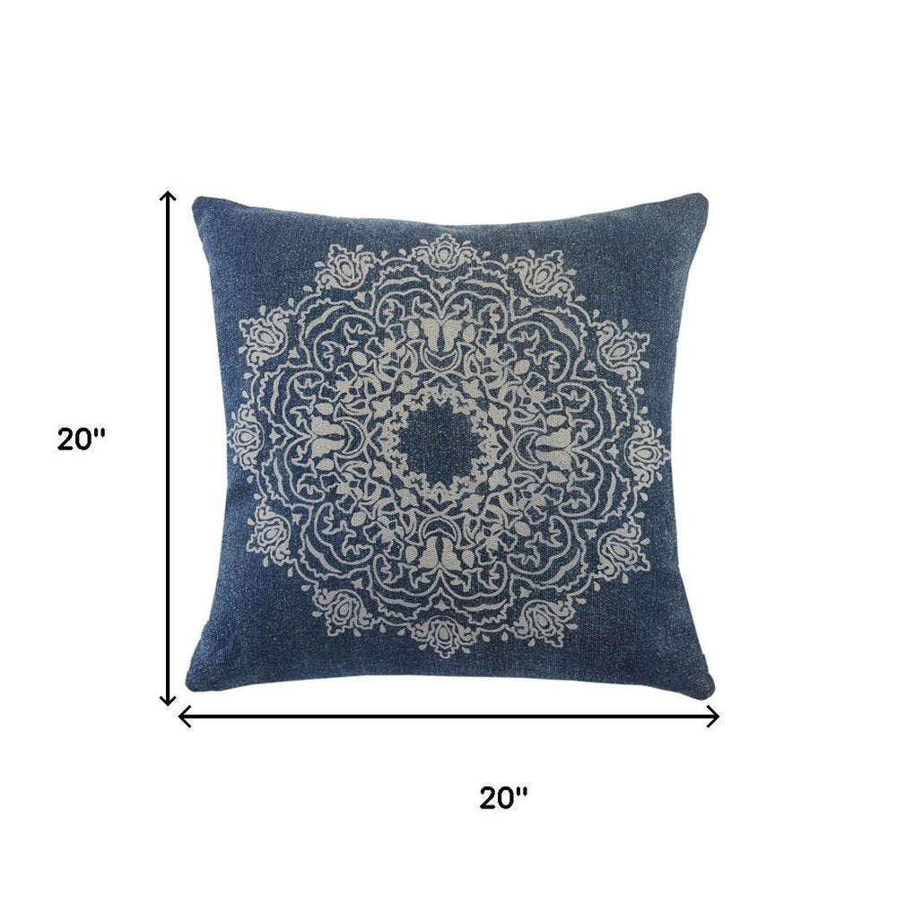 20" Blue And White Medallion Cotton Throw Pillow Cover