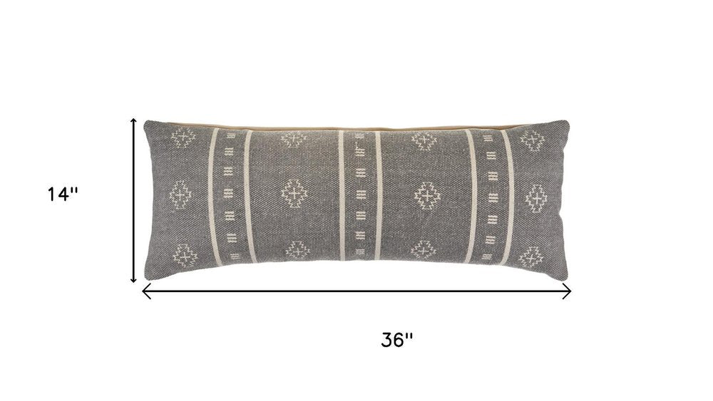 14" X 36" Gray And Ivory Lumbar Striped Cotton Throw Pillow Cover