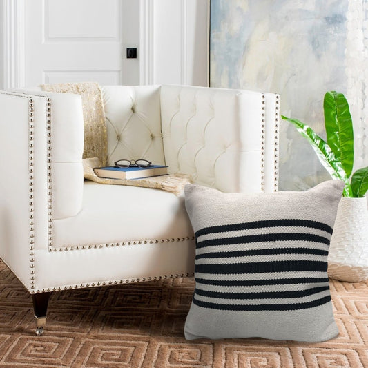 22" White And Black Striped Cotton Throw Pillow Cover