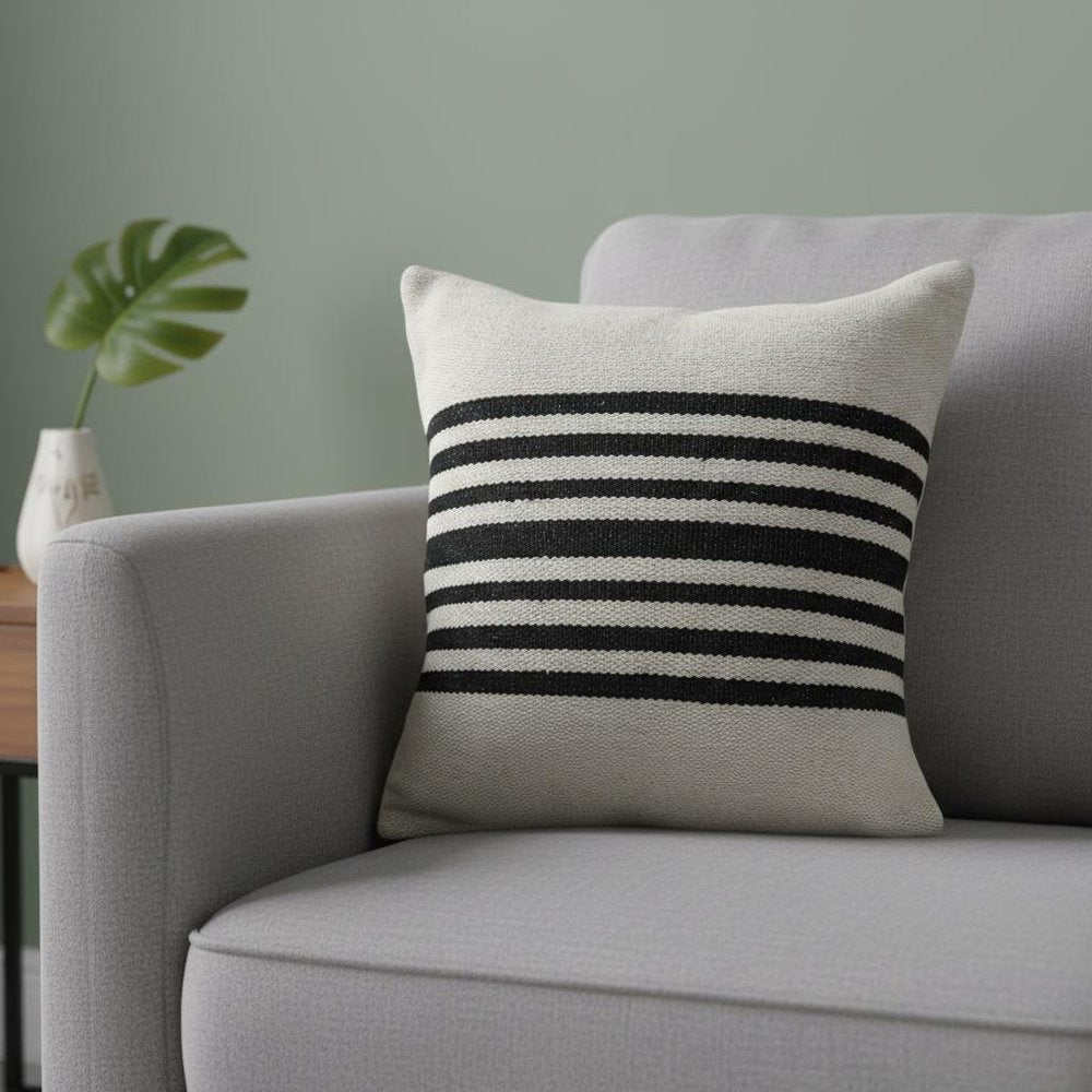 22" White And Black Striped Cotton Throw Pillow Cover