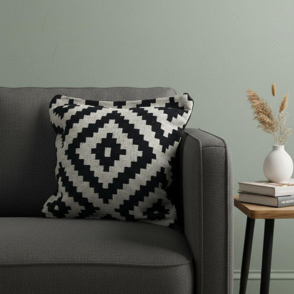 20" Black And White Geometric Polyester Blend Throw Pillow Cover