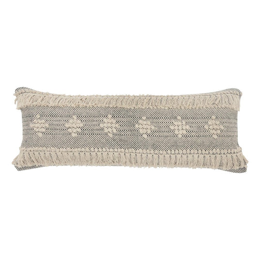 14" X 36" Black And Cream Lumbar Geometric Cotton Throw Pillow Cover with Fringe And Texture