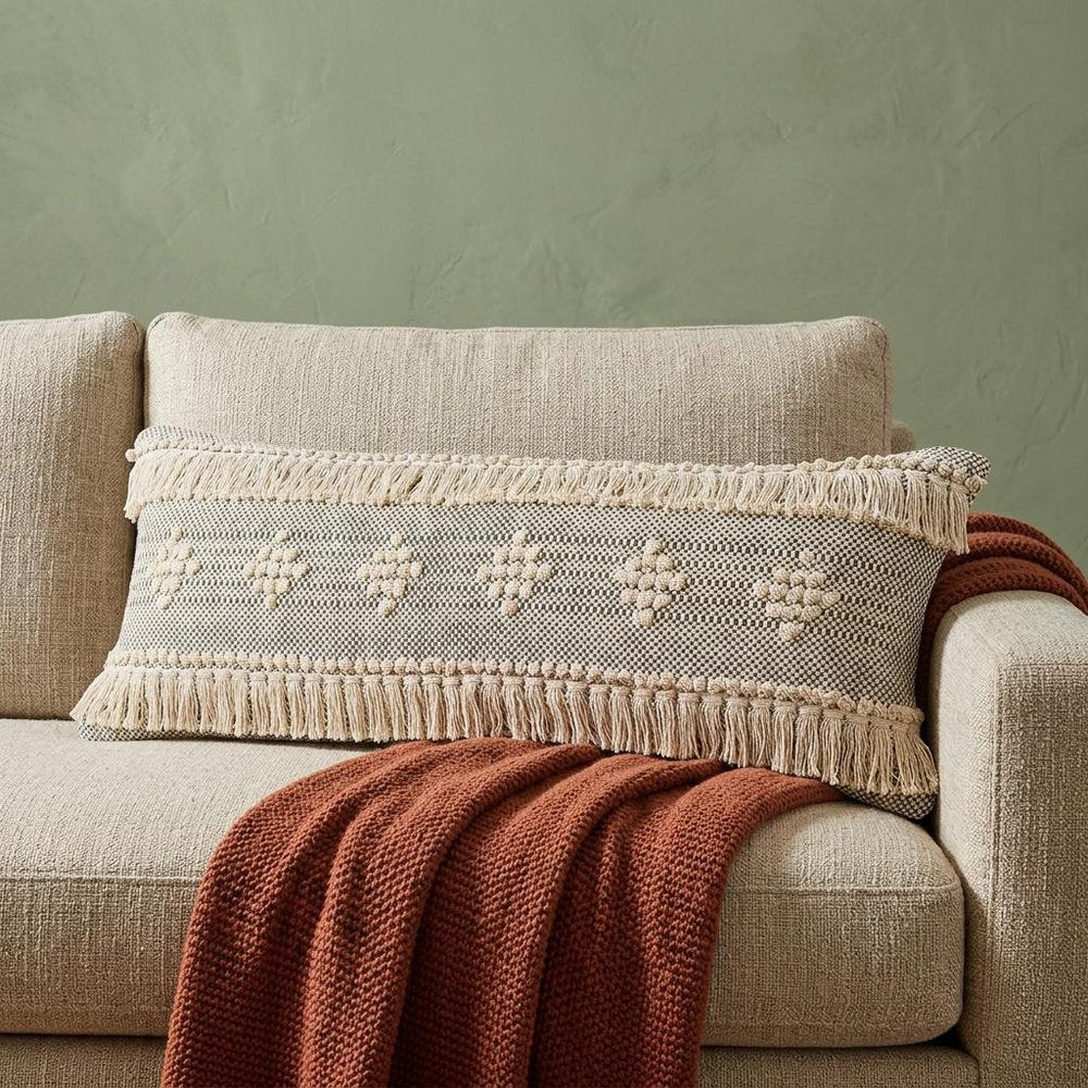 14" X 36" Black And Cream Lumbar Geometric Cotton Throw Pillow Cover with Fringe And Texture
