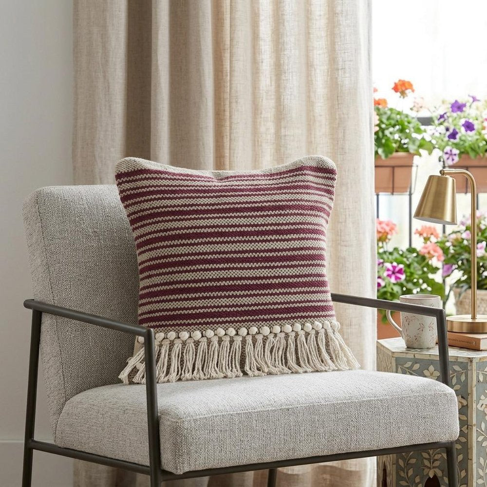 20" Red And Black Striped Cotton Throw Pillow Cover with Fringe And Texture