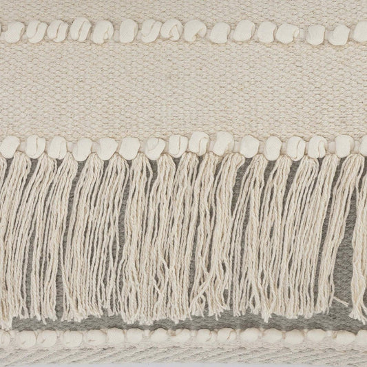 20" Ivory And Gray Striped Cotton Throw Pillow Cover with Fringe And Texture