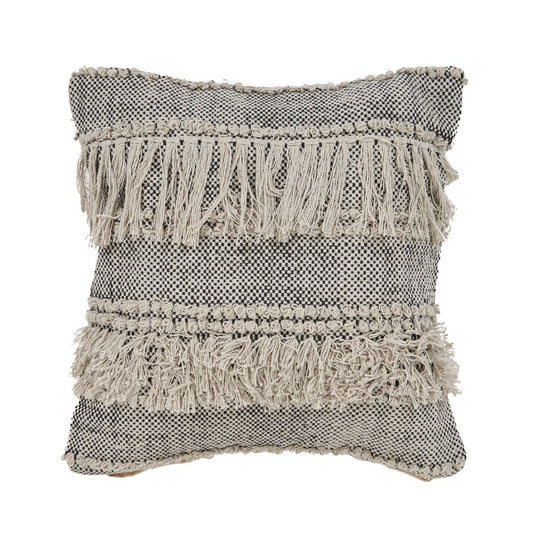 20" Beige And Black Striped Cotton Throw Pillow Cover with Fringe And Texture