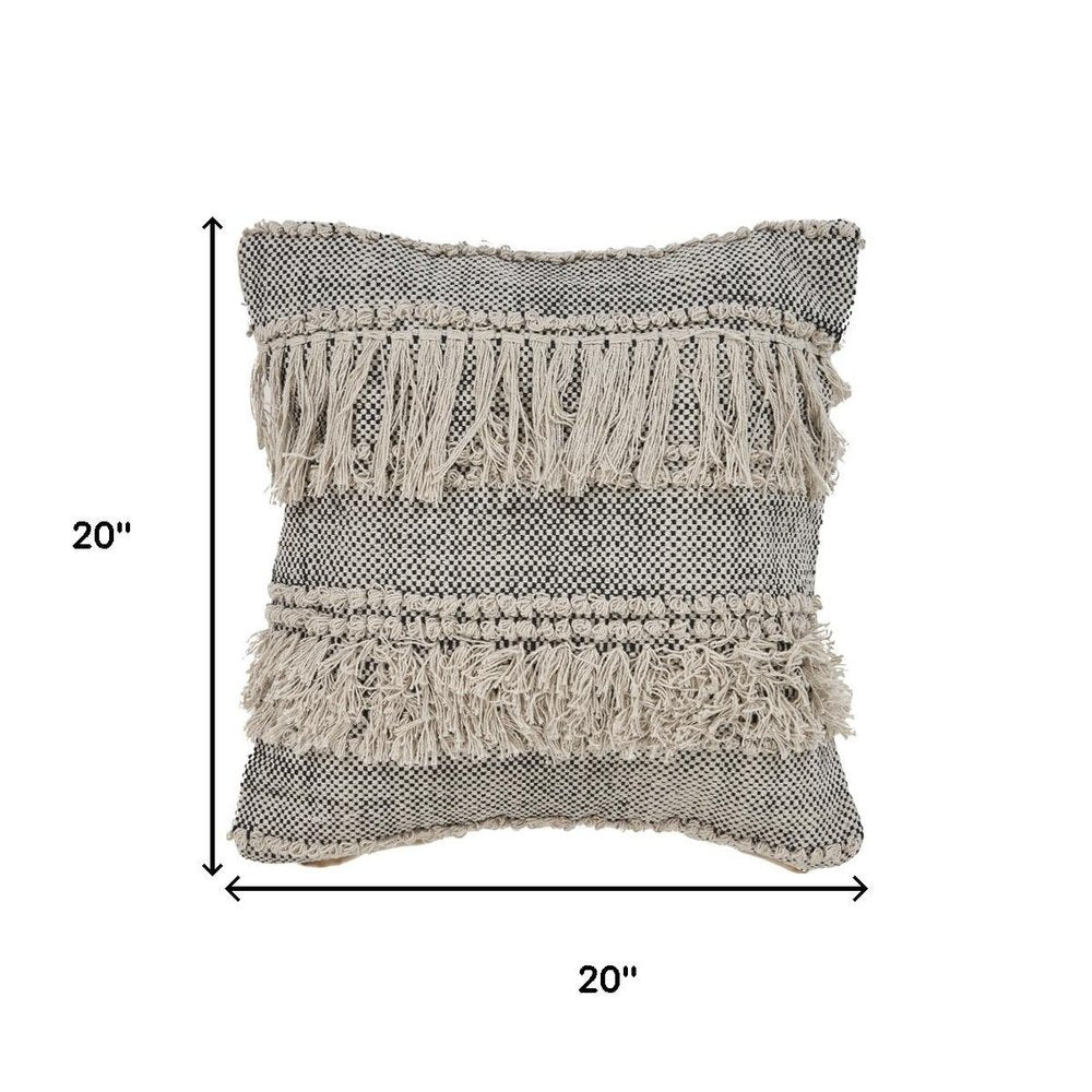 20" Beige And Black Striped Cotton Throw Pillow Cover