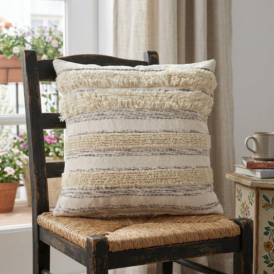 20" Cream And Gray Striped Cotton Throw Pillow Cover with Fringe And Texture