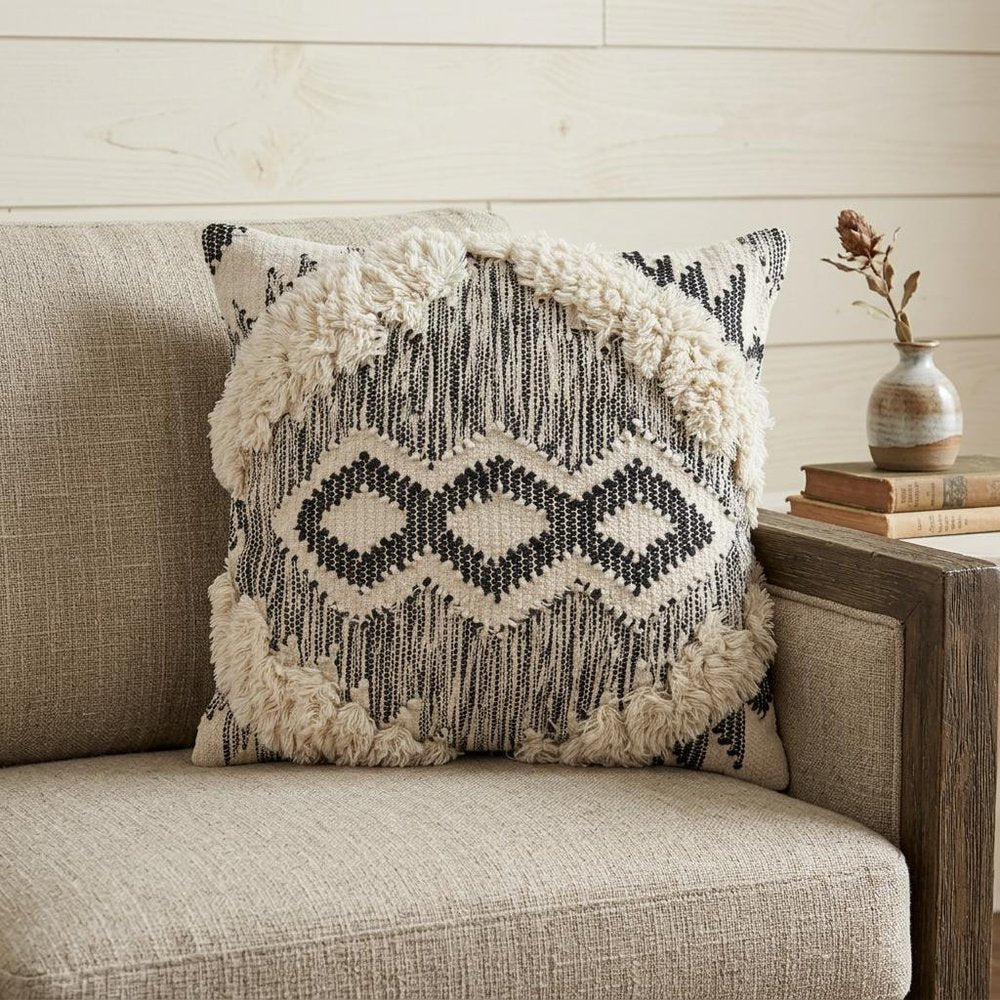 20" Black And White Geometric Wool Blend Throw Pillow Cover with Tufts And Texture