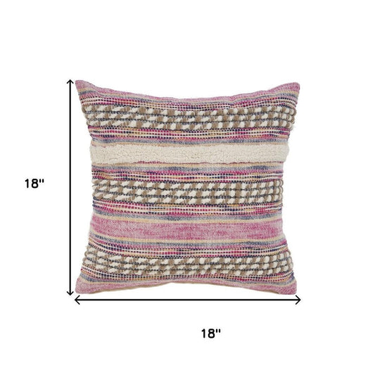 18" Pink And Ivory Striped Cotton Blend Throw Pillow Cover with Texture