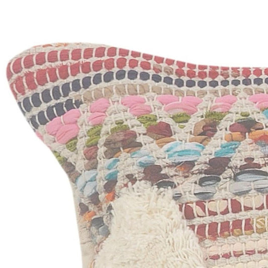 14" X 36" Natural Blue And Red Lumbar Geometric Cotton Throw Pillow Cover with Tufts