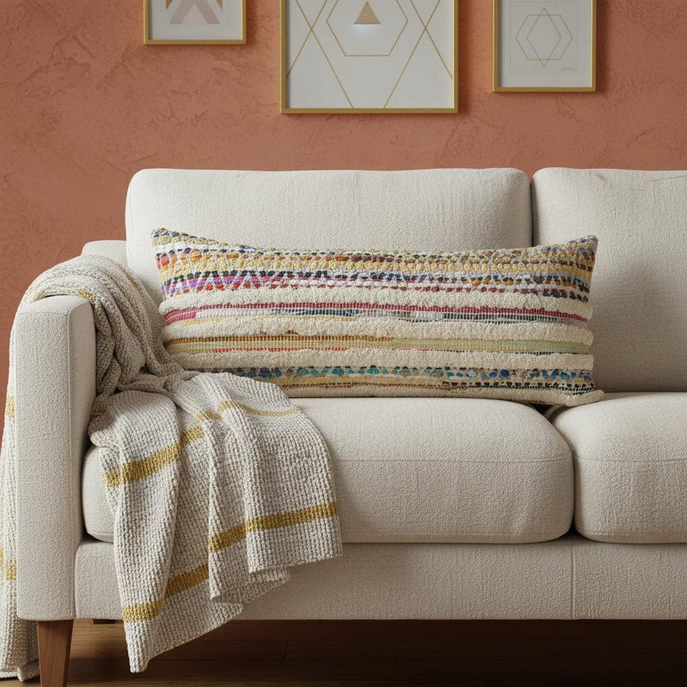 14" X 36" Cream Yellow And Pink Lumbar Striped Cotton Throw Pillow Cover with Texture