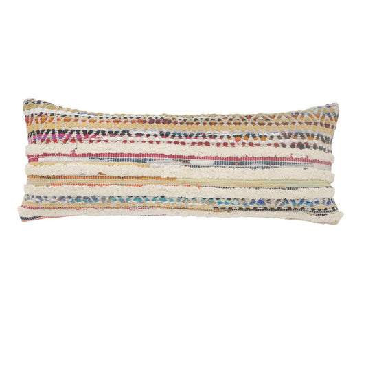 14" X 36" Cream Yellow And Pink Lumbar Striped Cotton Throw Pillow Cover with Texture
