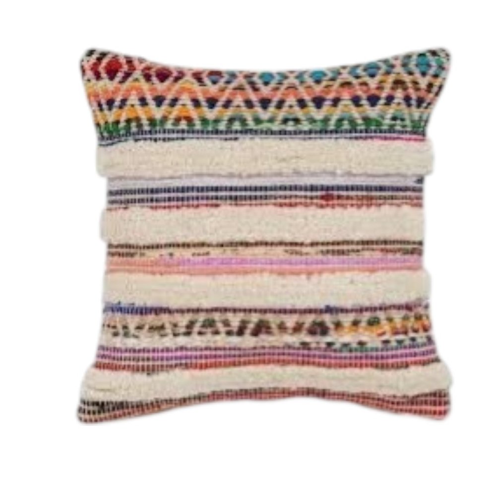 18" Cream Blue White And Yellow Striped Cotton Throw Pillow Cover with Tufts