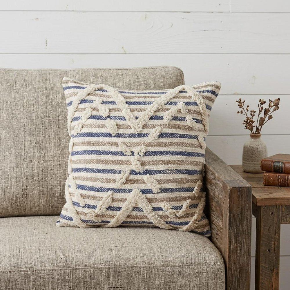 18" Blue And Tan Beach Diamond Cotton Throw Pillow Cover with Tufts