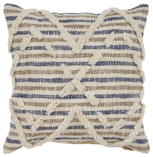 18" Blue And Tan Beach Diamond Cotton Throw Pillow Cover