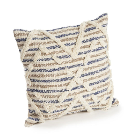 18" Blue And Tan Beach Diamond Cotton Throw Pillow Cover with Tufts