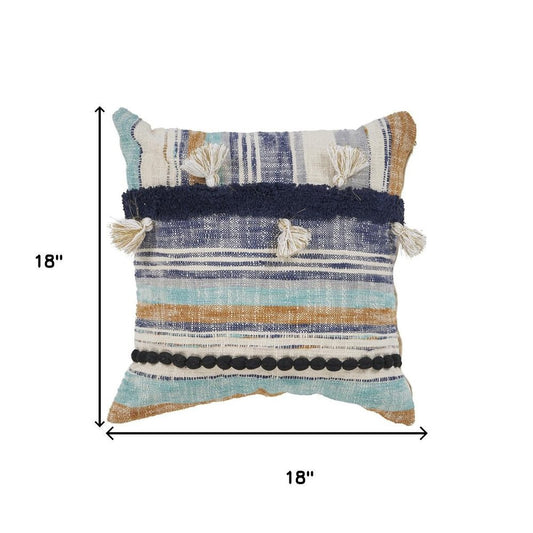 18" Blue And Tan Beach Striped Cotton Throw Pillow Cover with Tassels Tufts And Texture