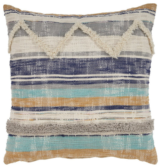 18" Blue And Tan Beach Striped Cotton Throw Pillow Cover