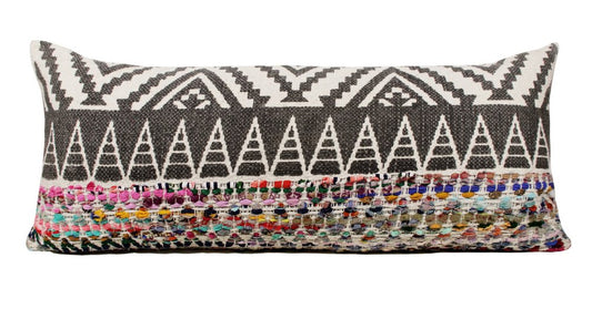 14" X 36" Charcoal Off White And Pink Lumbar Chevron Cotton Blend Throw Pillow Cover