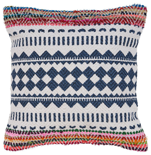 18" Blue White And Pink Geometric Cotton Blend Throw Pillow Cover