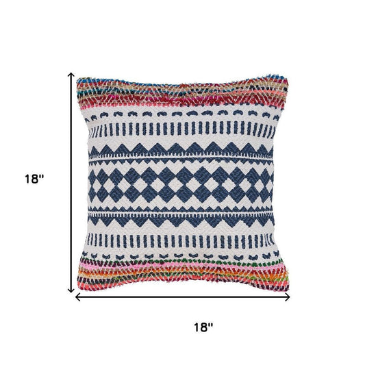18" Blue White And Pink Geometric Cotton Blend Throw Pillow Cover
