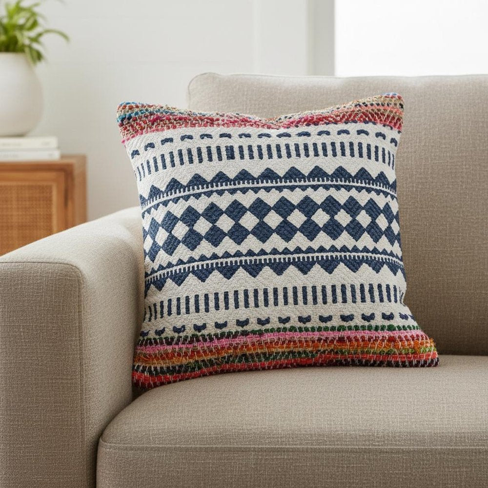 18" Blue White And Pink Geometric Cotton Blend Throw Pillow Cover