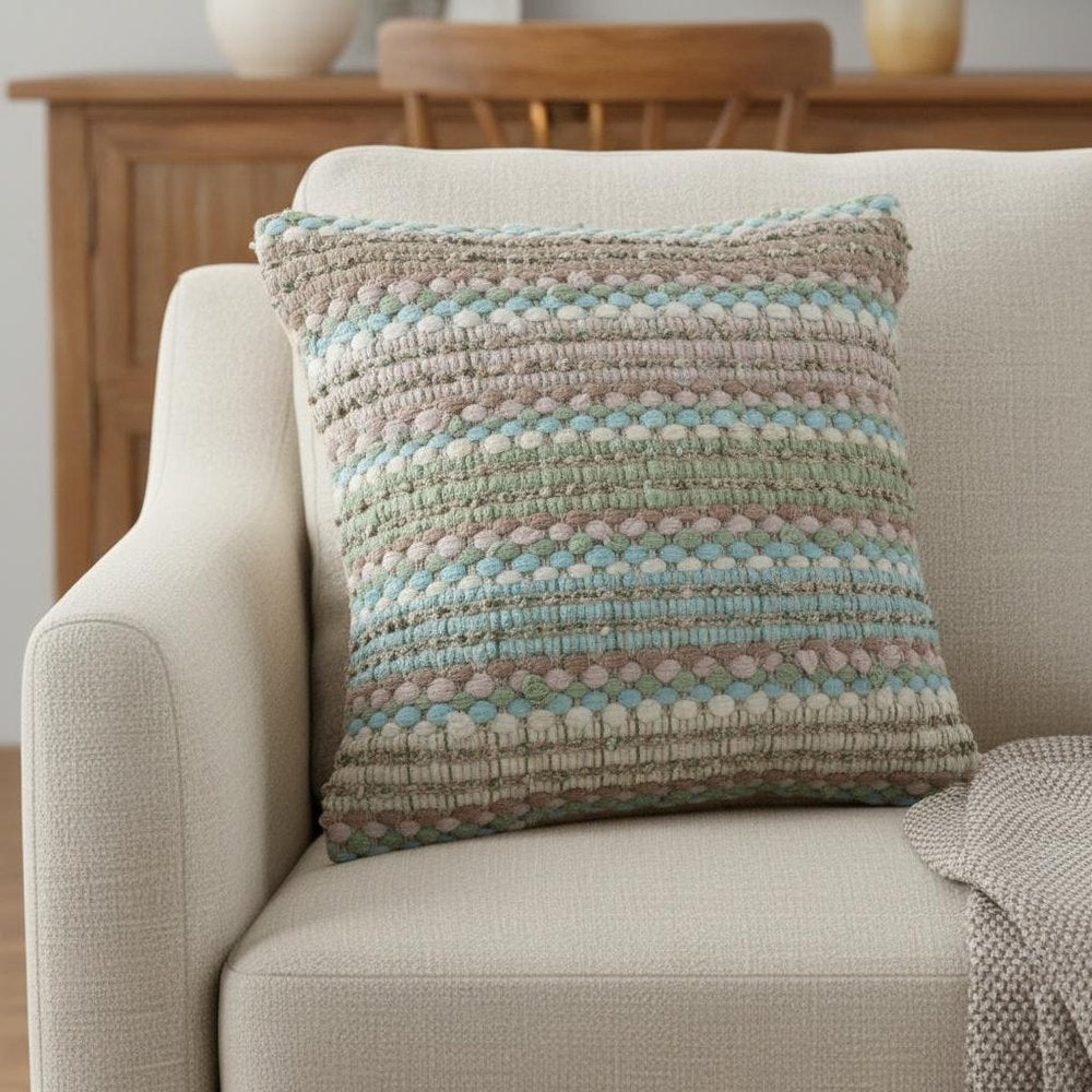 18" Green And Blue Beach Striped Cotton Blend Throw Pillow Cover
