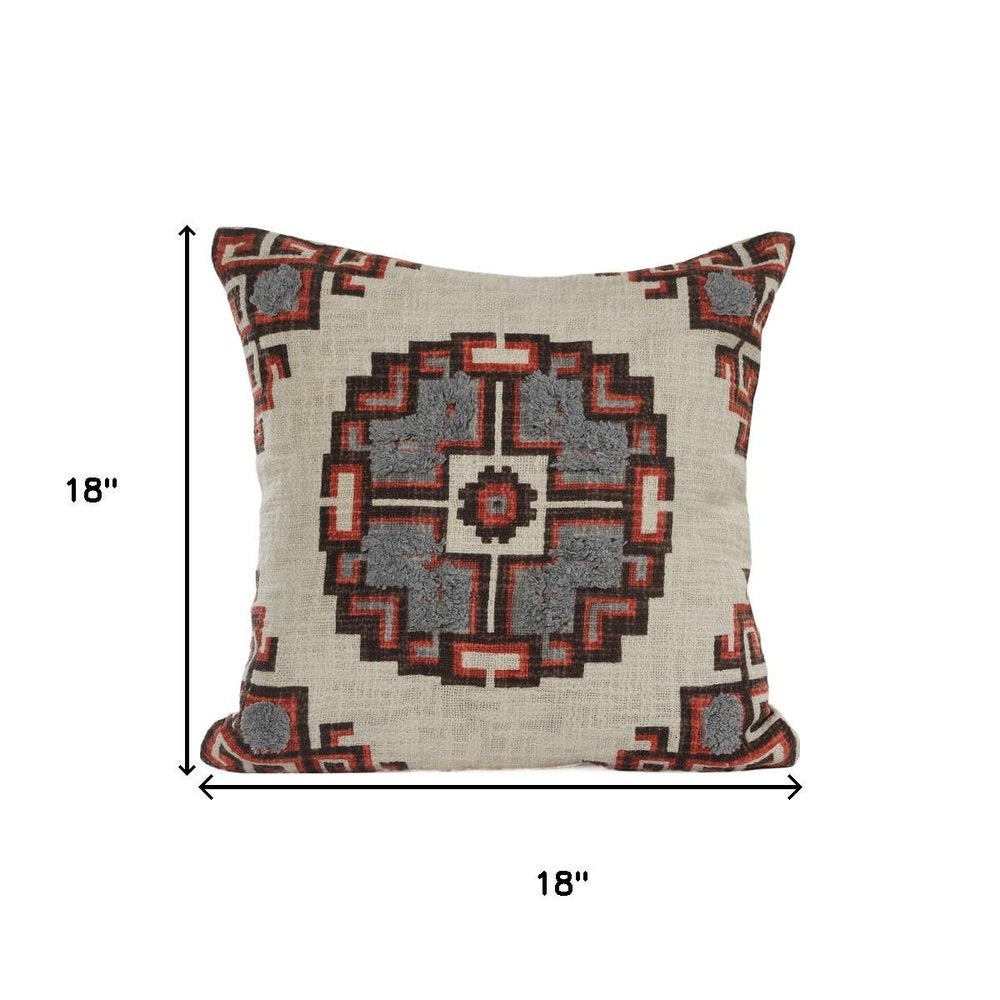 18" Red And Gray Geometric Cotton Throw Pillow Cover