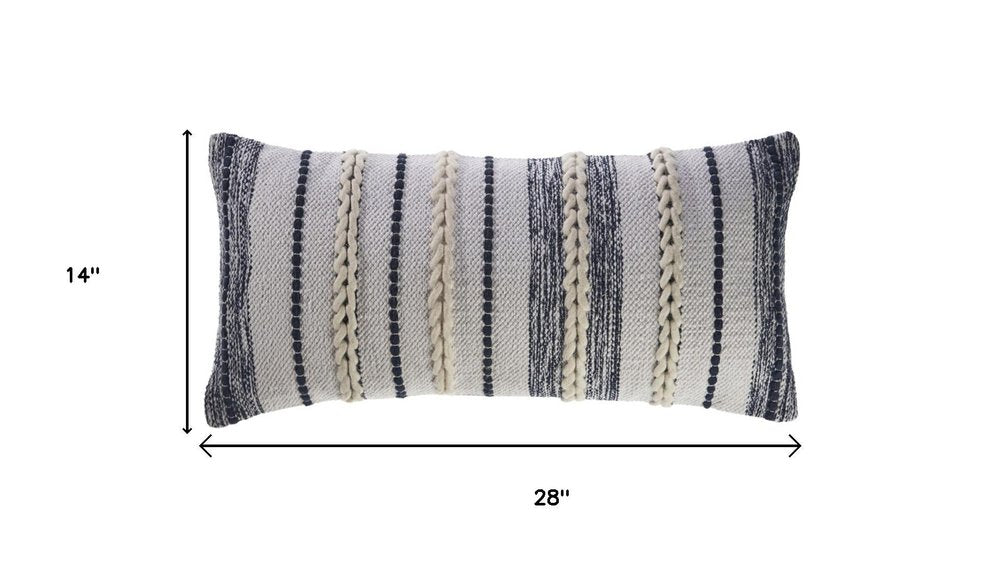 14" X 28" Blue And White Lumbar Striped Cotton Blend Throw Pillow Cover