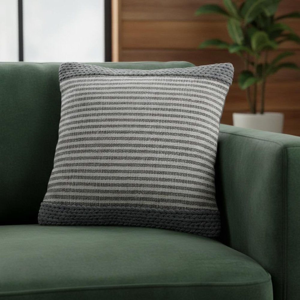 20" Gray And Cream Striped Cotton Blend Throw Pillow Cover