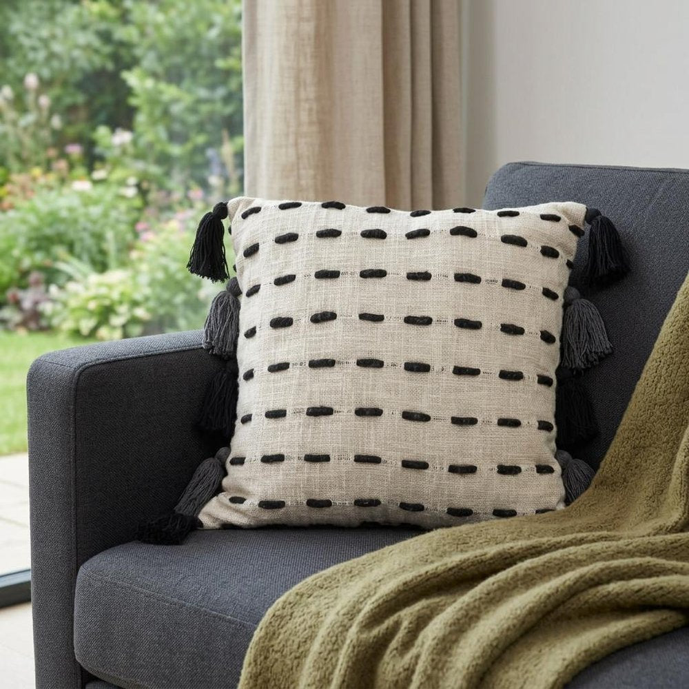20" Black And Cream Striped Cotton Blend Throw Pillow Cover with Tassels