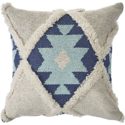 20" Blue And White Geometric Cotton Blend Throw Pillow Cover