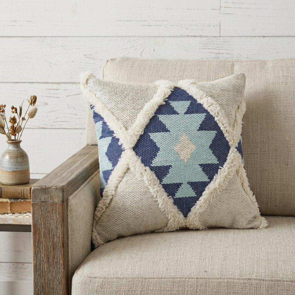 20" Blue And White Geometric Cotton Blend Throw Pillow Cover with Tufts And Texture