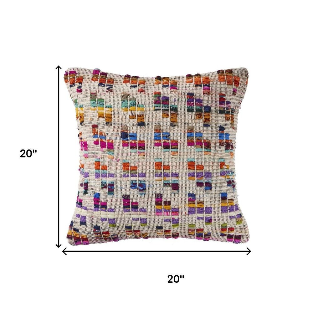 20" Cream And Pink Geometric Cotton Blend Throw Pillow Cover