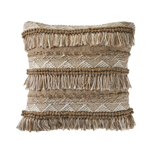 20" Beige And White Striped Throw Pillow Cover with Fringe And Texture