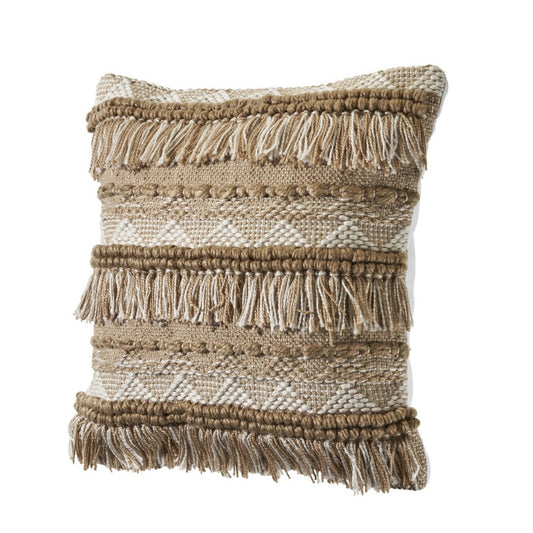 20" Beige And White Striped Throw Pillow Cover with Fringe And Texture