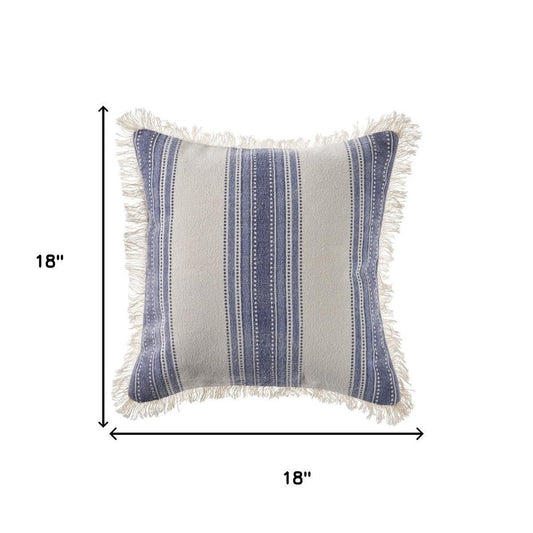 18" Blue And White Beach Striped Cotton Throw Pillow Cover with Fringe