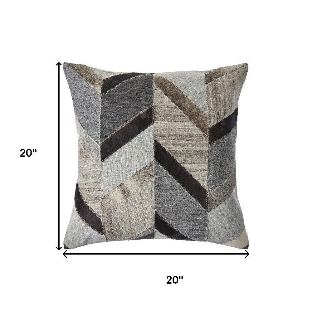 20" Gray And Brown Geometric Faux Hide Throw Pillow Cover