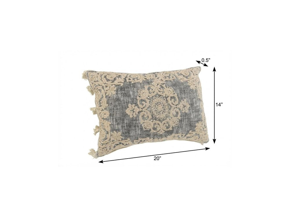 14" X 20" Charcoal And Beige Lumbar Medallion Cotton Throw Pillow Cover with Pompoms