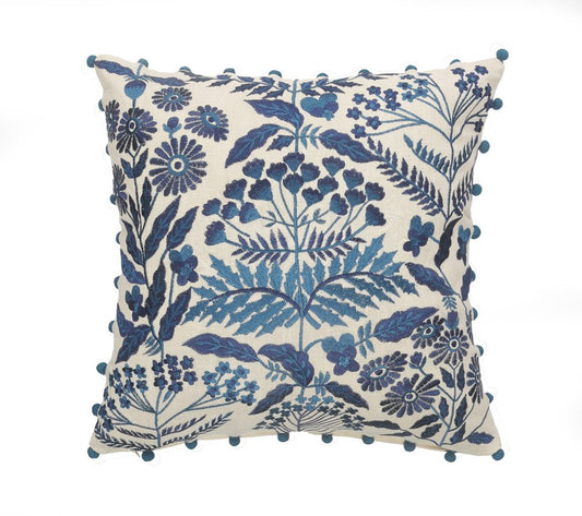 20" White And Blue Floral Cotton Throw Pillow Cover with Embroidery And Beads